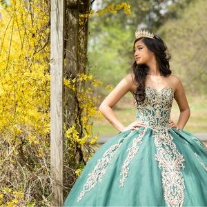 Elegant Green Ball Gown with Gold Embroidery